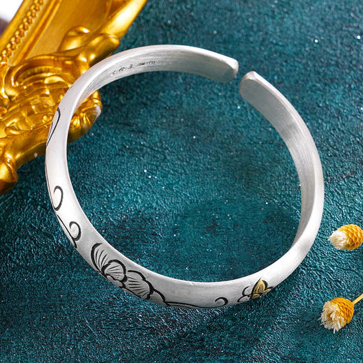 子佩集S999银【望花逐风】手镯【ZJZZ007】带金色嵌真金2403 商品图3