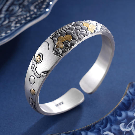 子佩集S999银【好运有鲤】手镯【YS026】带金色嵌真金2403 商品图1