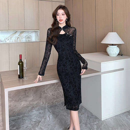 HT-5856新中式国风秋季气质高端复古性感蕾丝长袖改良旗袍连衣裙 商品图2