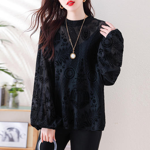 春款气质洋气宽松镂空透视网纱拼接雕花植绒衬衫K-C00N8109 商品图1