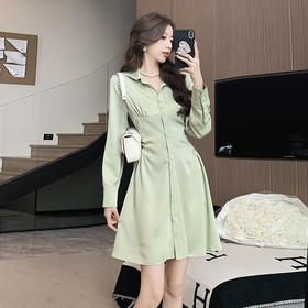 HT-5807辣妹甜心衬衫裙春季新款缎面褶皱设计高级感连衣裙