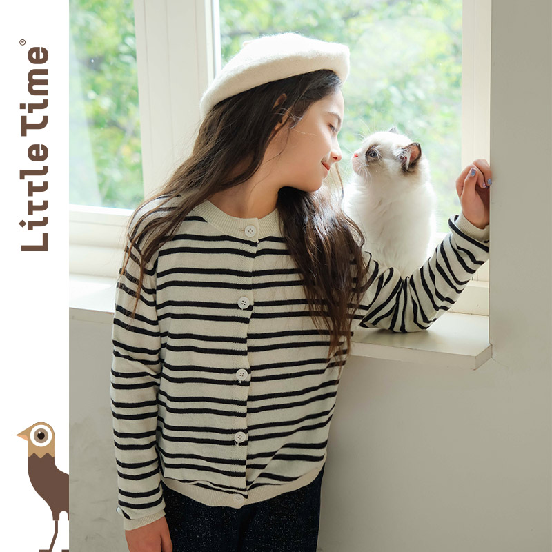 littletime女童黑白条纹针织毛衣开衫春夏新款韩版气质长袖外套