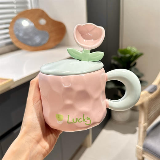 奶fufu郁金香勺子马克杯带盖子可爱男女学生情侣杯牛奶杯水杯套装 商品图0