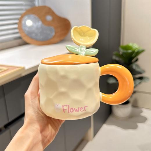 奶fufu郁金香勺子马克杯带盖子可爱男女学生情侣杯牛奶杯水杯套装 商品图3