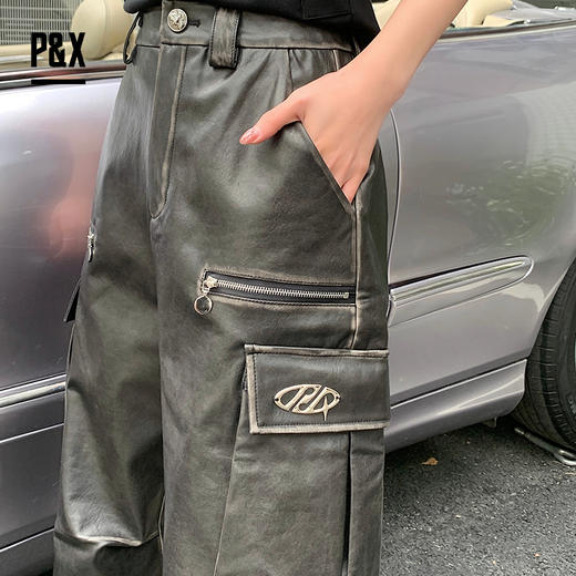 P&X设计师女装 美式阔腿复古PU休闲长裤街头 824109799 黑色 商品图3