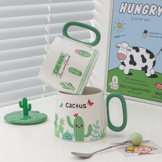陶瓷马克杯清新仙人掌大容量带盖勺家用情侣早餐奶牛办公室咖啡杯 商品图3
