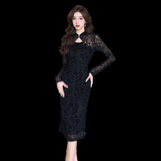 HT-5856新中式国风秋季气质高端复古性感蕾丝长袖改良旗袍连衣裙 商品图4