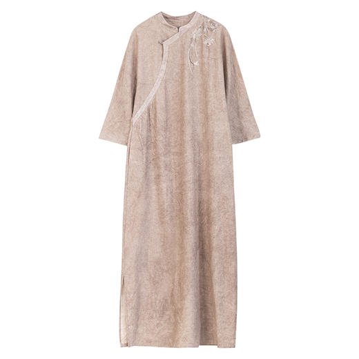 牧衣游原创 柞蚕丝手工刺绣连衣裙炒色古朴东方改良旗袍气质 云闲 商品图4