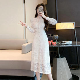 HT-5932春装法式初恋茶歇裙温柔风蕾丝仙女裙收腰显瘦白色连衣裙