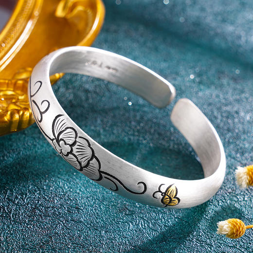 子佩集S999银【望花逐风】手镯【ZJZZ007】带金色嵌真金2403 商品图1