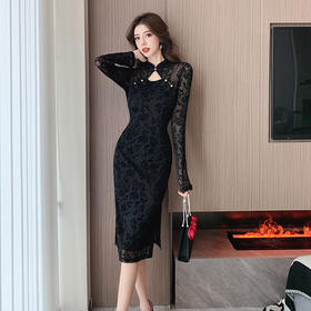 HT-5856新中式国风秋季气质高端复古性感蕾丝长袖改良旗袍连衣裙