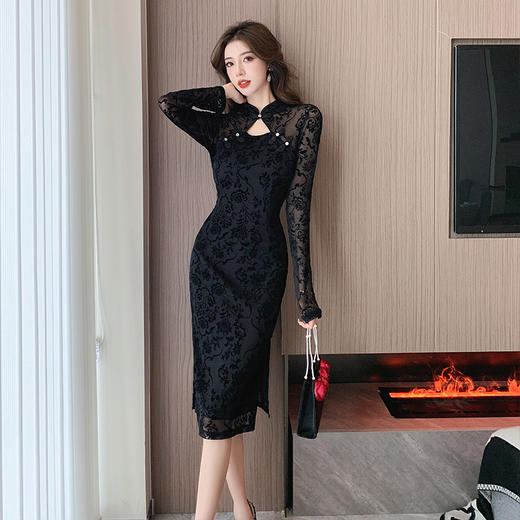 HT-5856新中式国风秋季气质高端复古性感蕾丝长袖改良旗袍连衣裙 商品图0