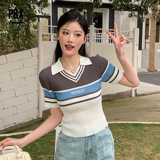 P&X设计师女装 休闲时尚修身条纹翻领短款针织衫824231258 灰/杏 商品图1