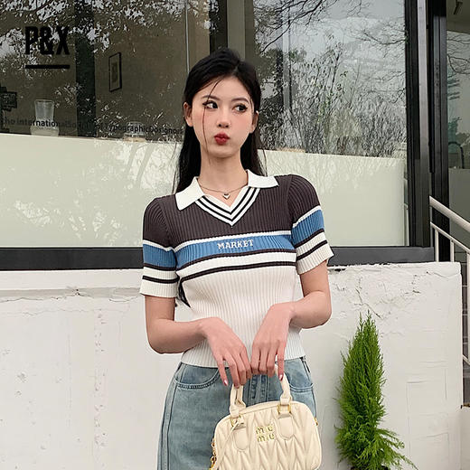 P&X设计师女装 休闲时尚修身条纹翻领短款针织衫824231258 灰/杏 商品图2