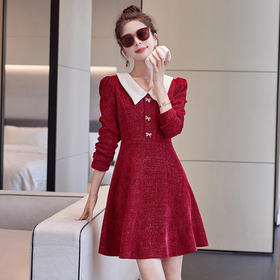 HRWL80309-2024年春季上新气质时尚优雅小香风拼接撞色翻领高腰A字连衣裙