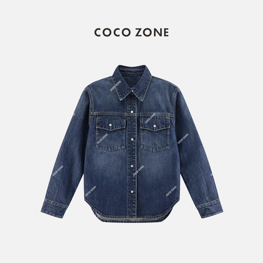COCO ZONE 100棉复古翻领休闲牛仔衬衫经典单排扣外套24C10261 商品图0