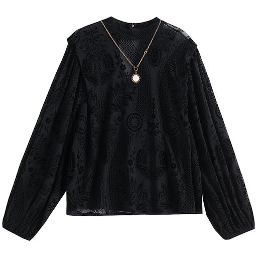 春款气质洋气宽松镂空透视网纱拼接雕花植绒衬衫K-C00N8109 商品图4