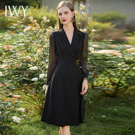 IWY/黑色连衣裙女遮肉显瘦接拼西服裙子正式场合国风长袖裙子春季Q729 商品图2