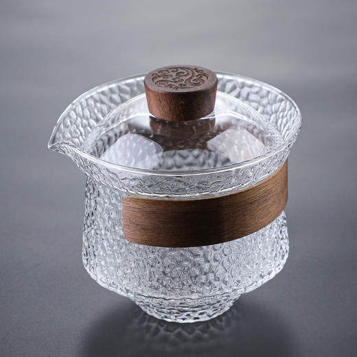 益思泉丨暮雨 锤纹盖碗 高硼硅玻璃 茶具 约230ml 胡桃木 透明/烟灰 商品图1