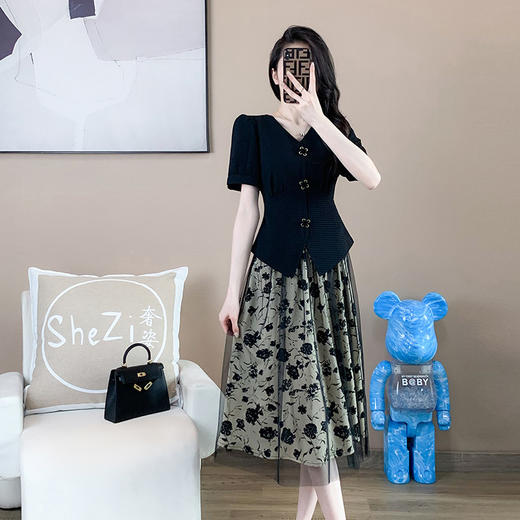 奢姿2025年夏季新款大码女装小香风短袖胖妹妹碎花裙时尚两件套9932952736【1】 商品图1