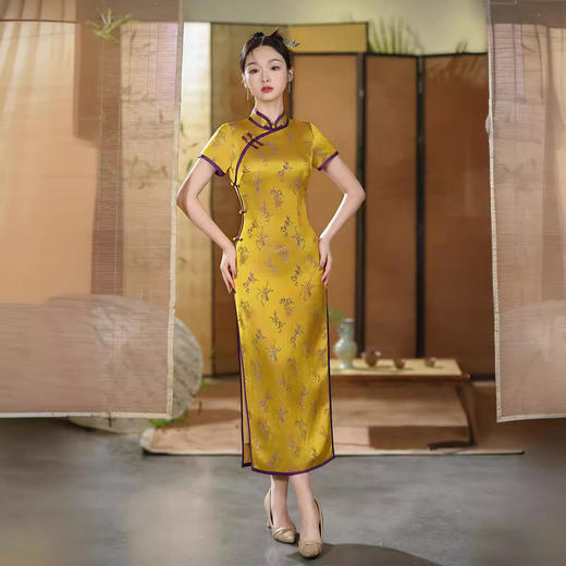 春夏新款，日常修身金色高考走秀长款中老年气质改良旗袍XL-24093 商品图4