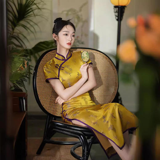 春夏新款，日常修身金色高考走秀长款中老年气质改良旗袍XL-24093 商品图0