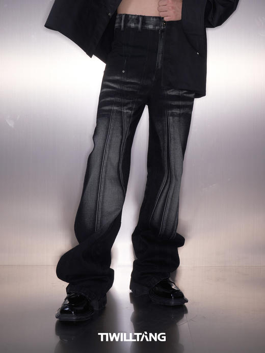 TIWILLTANG启世录“尘埃禁锢”猫须渐变拼接全棉水洗压皱牛仔裤 商品图3