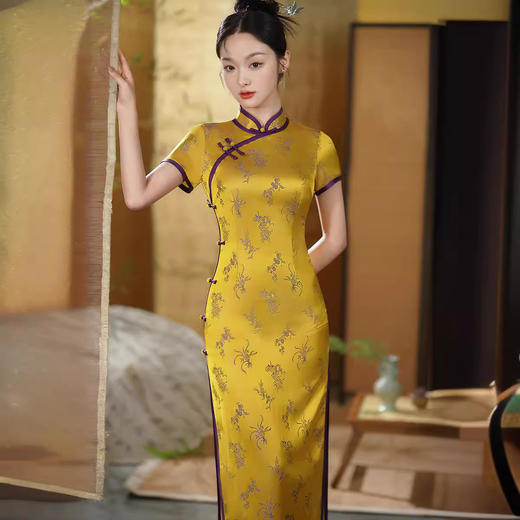 春夏新款，日常修身金色高考走秀长款中老年气质改良旗袍XL-24093 商品图1