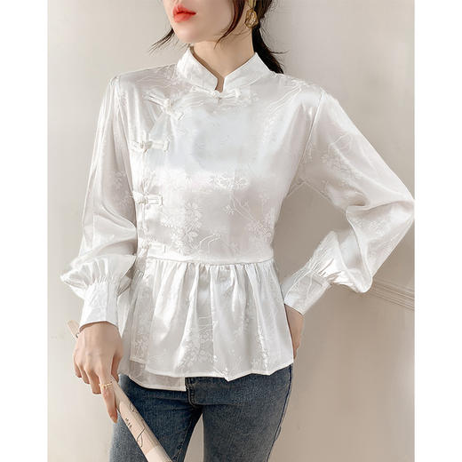 HT-9107新中式国风设计感白色盘扣衬衫春季新款小立领宽松百搭上衣 商品图3