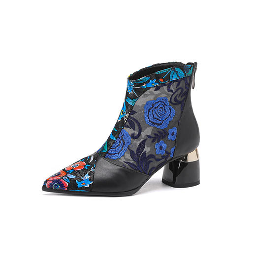 【预售5天】春夏新款，复古民族风刺绣网纱拼接尖头粗跟短靴JJ-224-2 商品图10