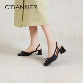 千百度真皮拼接时装凉鞋女款夏季粗中跟后空包头凉鞋通勤A24251680