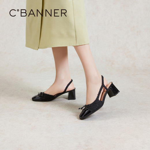 千百度真皮拼接时装凉鞋女款夏季粗中跟后空包头凉鞋通勤A24251680 商品图0