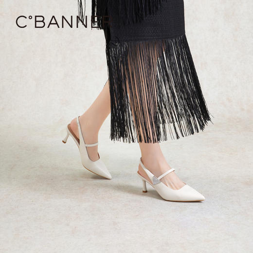 千百度绝美后空凉鞋女夏季细高跟鞋牛皮通勤外穿尖头单鞋A24264242 商品图2