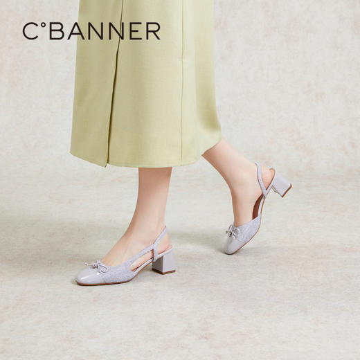 千百度真皮拼接时装凉鞋女款夏季粗中跟后空包头凉鞋通勤A24251680 商品图2