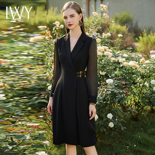 IWY/黑色连衣裙女遮肉显瘦接拼西服裙子正式场合国风长袖裙子春季Q729 商品图3