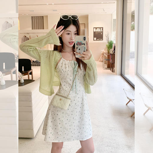 <曾小咸推荐>【减龄少女感】绿色碎花吊带连衣裙 商品图1