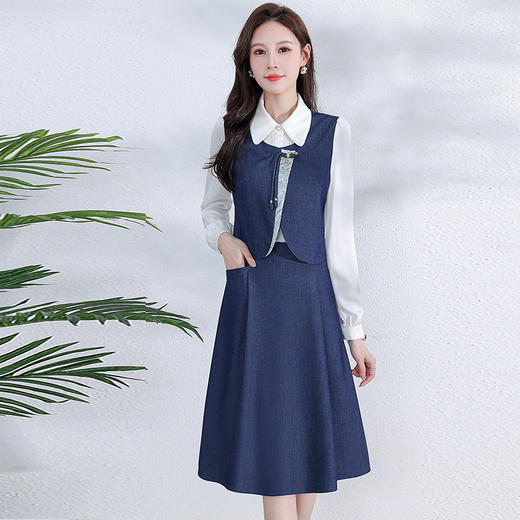 牛仔连衣裙春季新款长袖裙，气质女装中长款马甲裙复古马甲裙QYM-YM-A1803-Y 商品图0