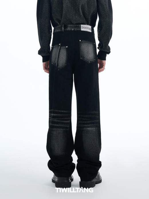 TIWILLTANG启世录“尘埃禁锢”猫须渐变拼接全棉水洗压皱牛仔裤 商品图2
