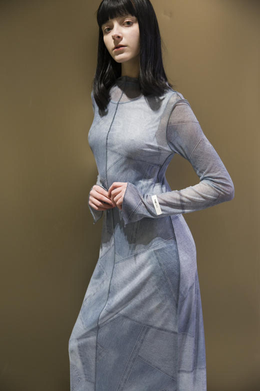 印花弹力网长袖连衣裙 商品图4