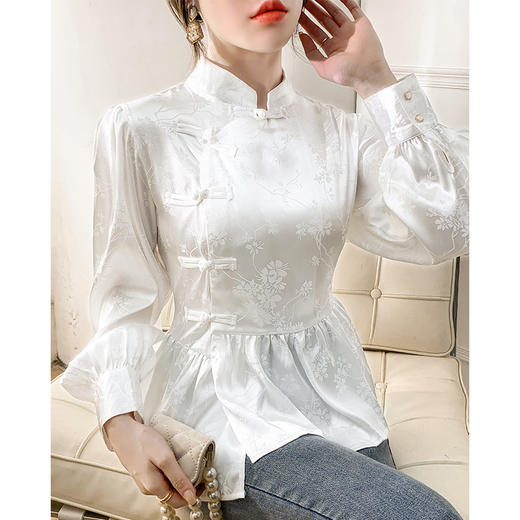 HT-9107新中式国风设计感白色盘扣衬衫春季新款小立领宽松百搭上衣 商品图5