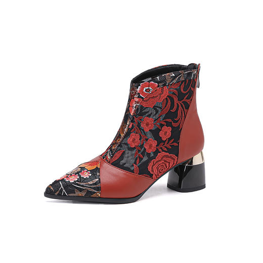 【预售5天】春夏新款，复古民族风刺绣网纱拼接尖头粗跟短靴JJ-224-2 商品图11