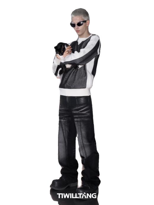 TIWILLTANG启世录“尘埃禁锢”猫须渐变拼接全棉水洗压皱牛仔裤 商品图4