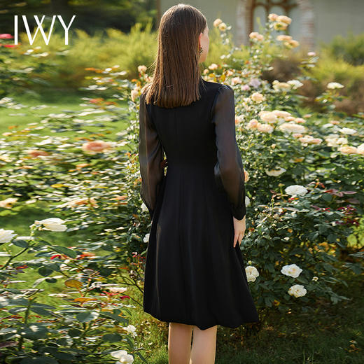 IWY/黑色连衣裙女遮肉显瘦接拼西服裙子正式场合国风长袖裙子春季Q729 商品图4