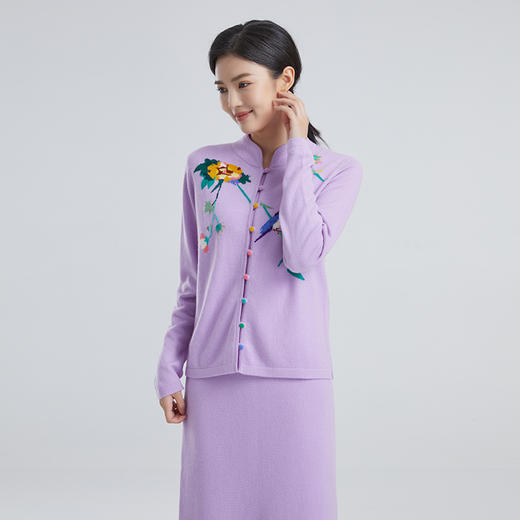 东黎 • 山羊绒女士春秋紫色嵌花中国风开衫 3819 商品图1