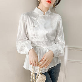 HT-9107新中式国风设计感白色盘扣衬衫春季新款小立领宽松百搭上衣