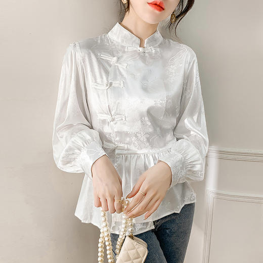 HT-9107新中式国风设计感白色盘扣衬衫春季新款小立领宽松百搭上衣 商品图0