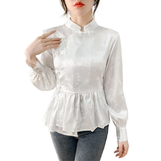 HT-9107新中式国风设计感白色盘扣衬衫春季新款小立领宽松百搭上衣 商品图4