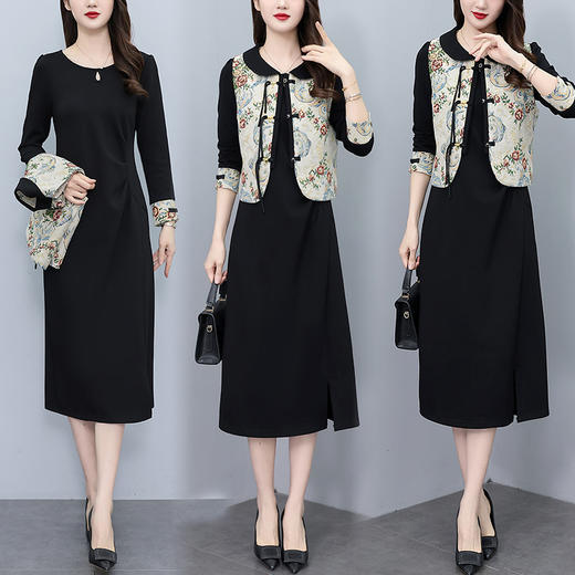 NYL- 8223大码女装马甲+连衣裙春季新款新中式国风连衣裙两件套装 商品图1