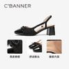 千百度真皮拼接时装凉鞋女款夏季粗中跟后空包头凉鞋通勤A24251680 商品缩略图3