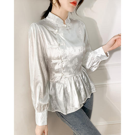 HT-9107新中式国风设计感白色盘扣衬衫春季新款小立领宽松百搭上衣 商品图1